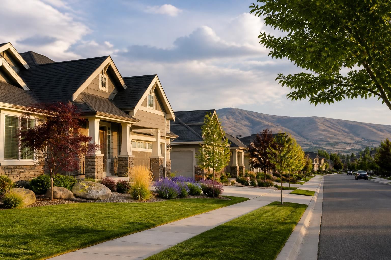 A Boise neighborhood with well-kept homes and prominent rooflines.