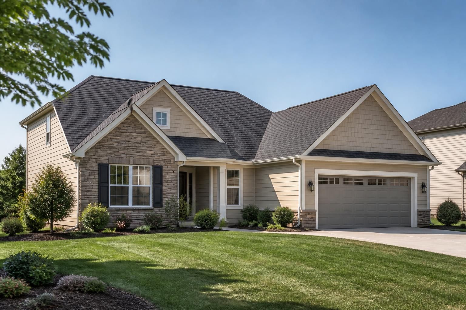 A suburban home with a newly finished roof in clear daylight.