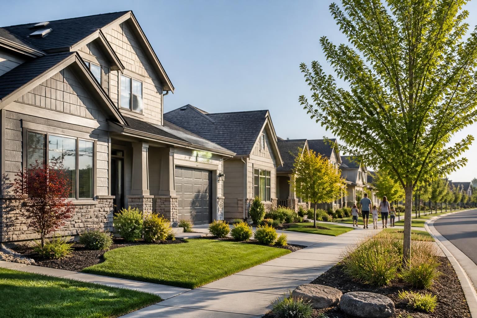 A Meridian neighborhood with modern homes and clean rooflines.