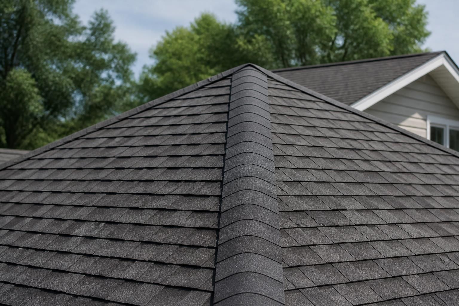 A newly replaced roof with clean shingle lines and finished ridge caps.