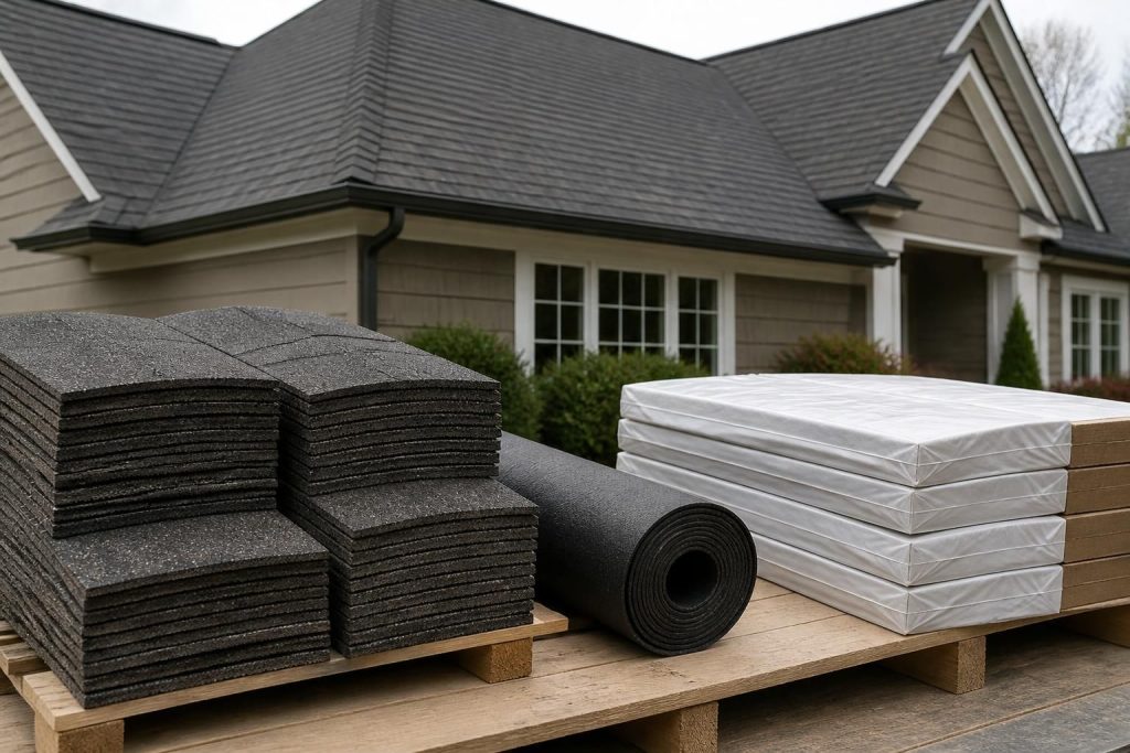 Neatly arranged roofing materials beside a finished roof project.