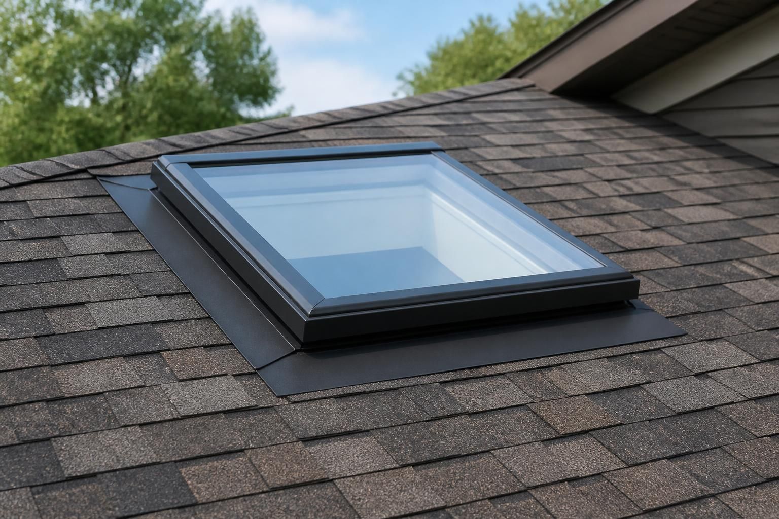 A newly installed skylight integrated into a finished roof.